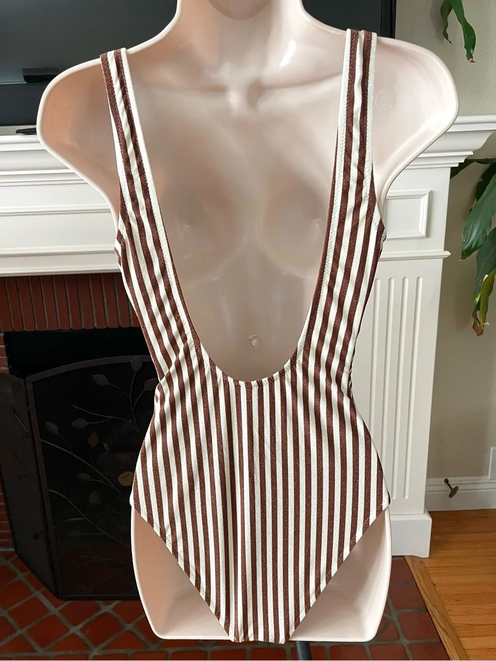 Bec + Bridge Cream & Brown Striped Vintage Inspired Swimsuit Bodysuit 6